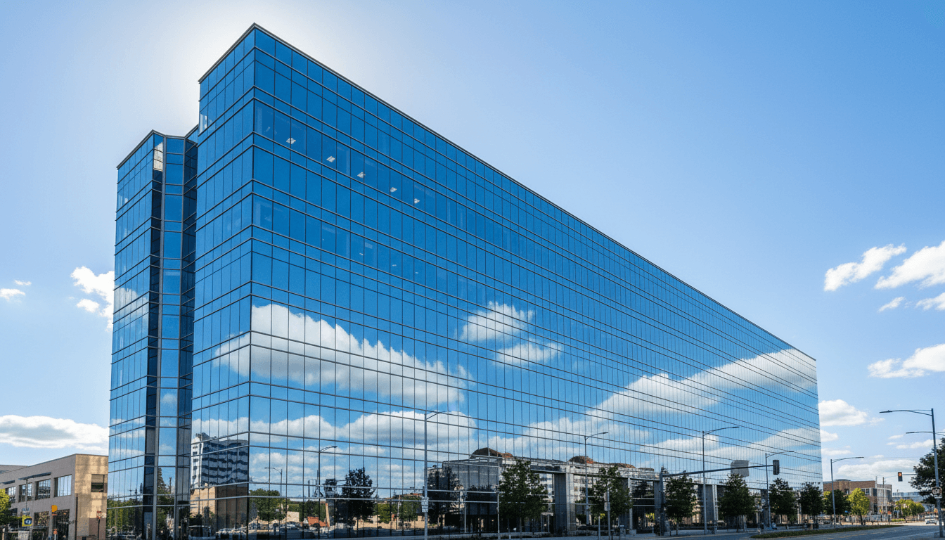 Commercial building with clean glass exterior in bright daylight