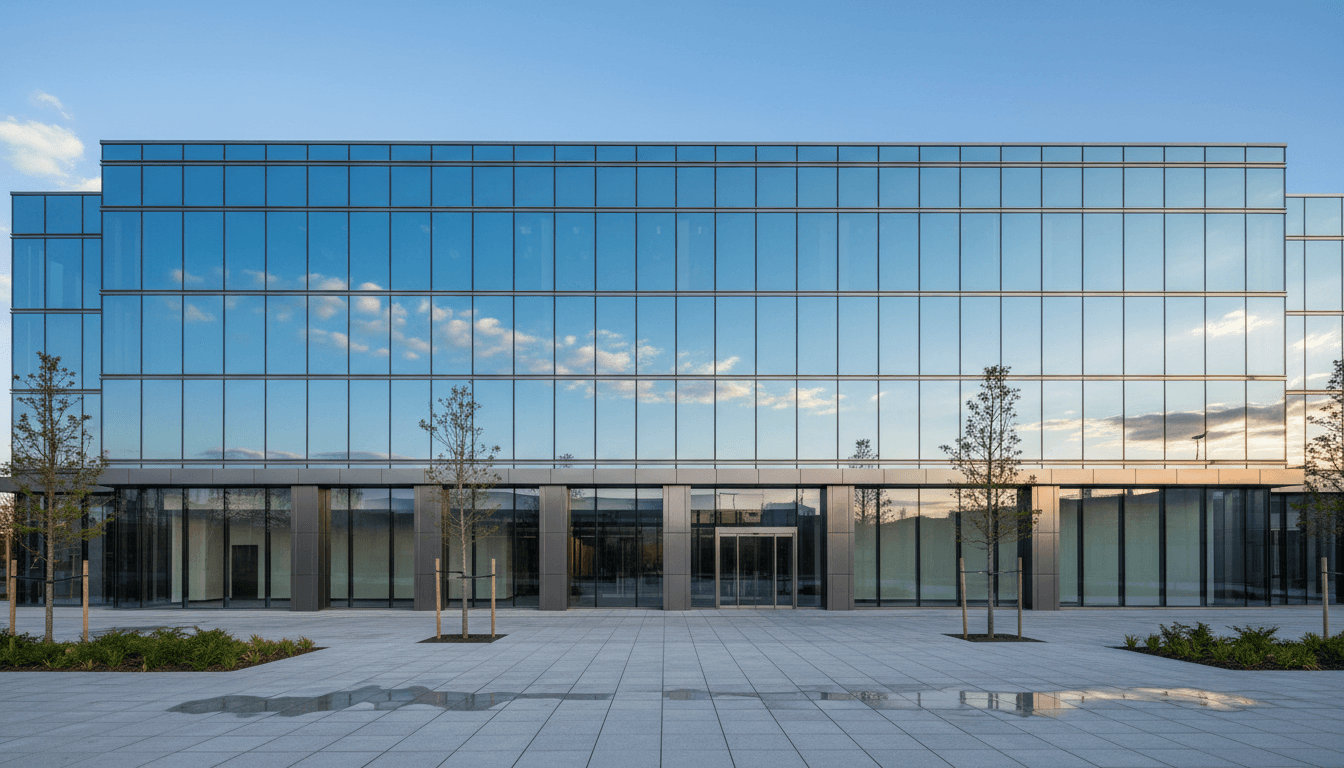 Commercial building exterior with clean glass windows