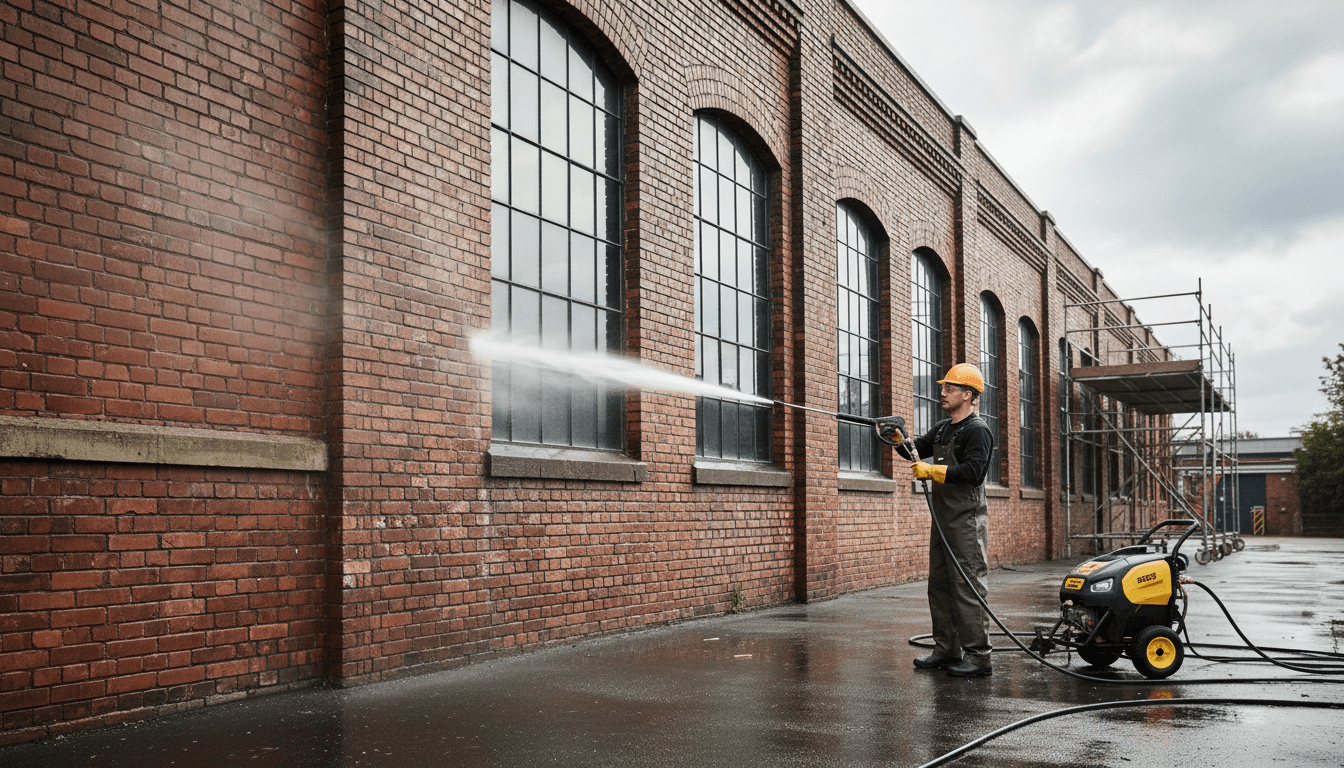 Worker pressure washing the exterior brick wall of a commercial building