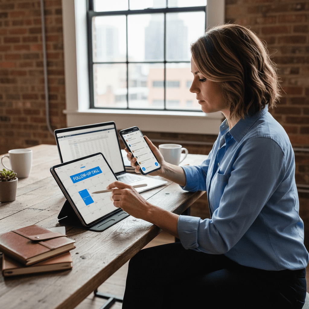 Business owner checking phone messages and scheduling follow-up calls at a desk