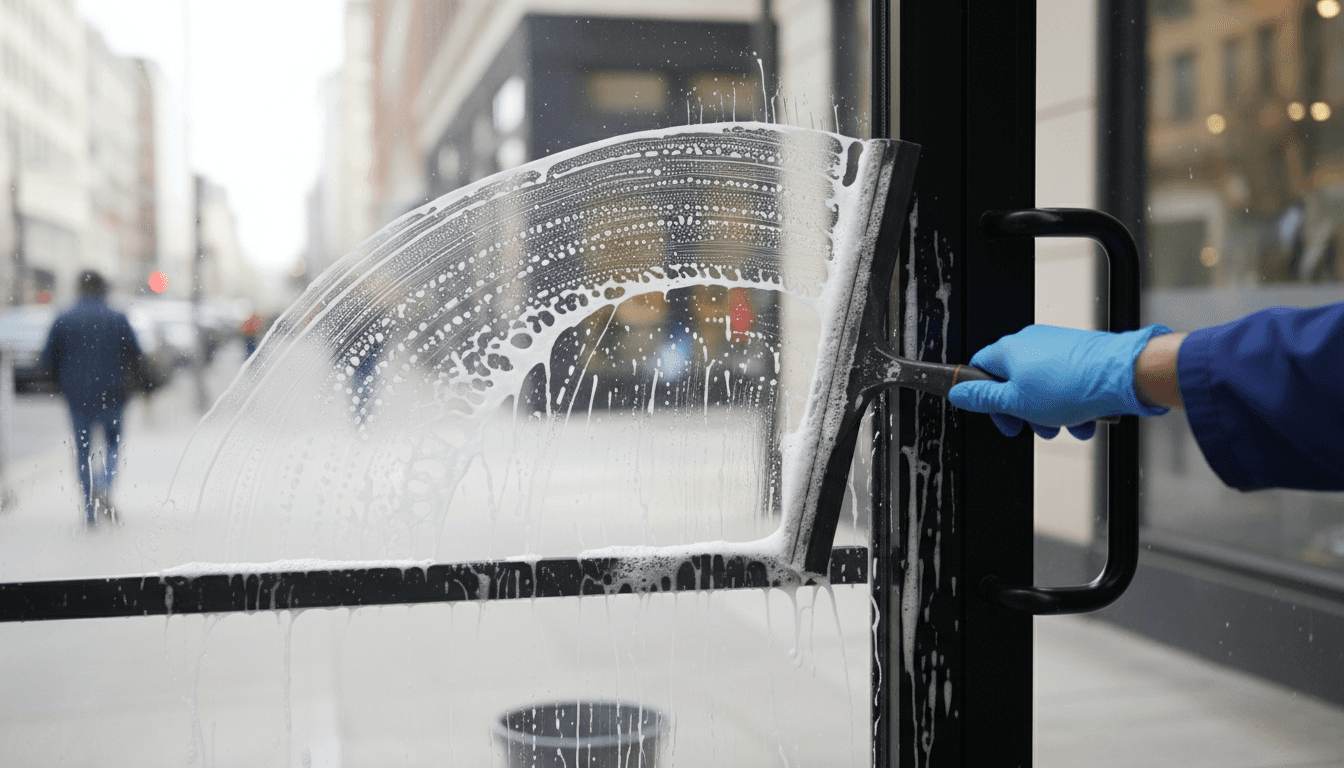 Close-up of a professional cleaning a glass storefront door and frame