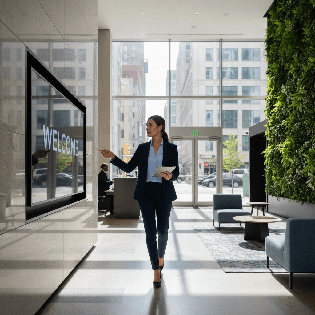 Professional property manager walking through a commercial lobby