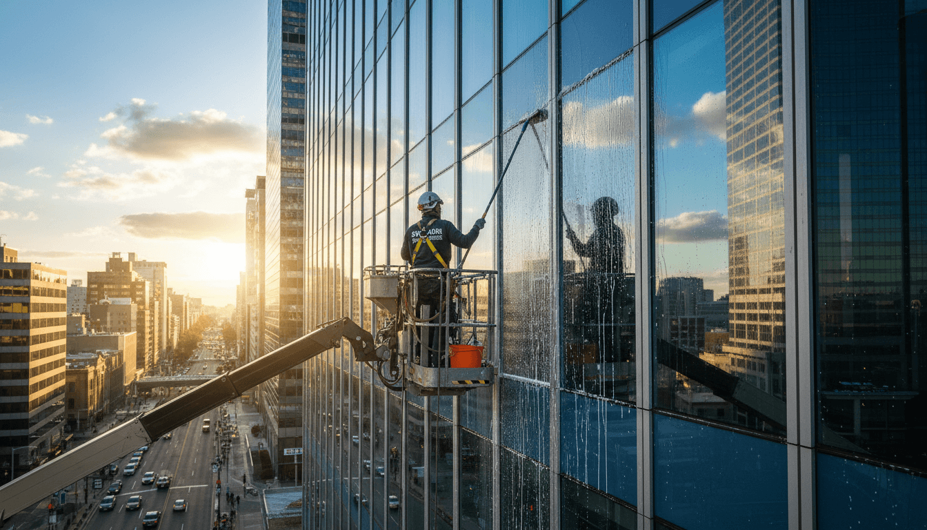 Professional window cleaner on a lift washing large commercial building windows