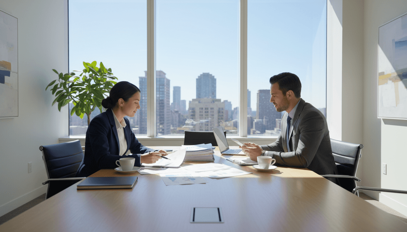 Two business professionals reviewing documents together at a bright office table
