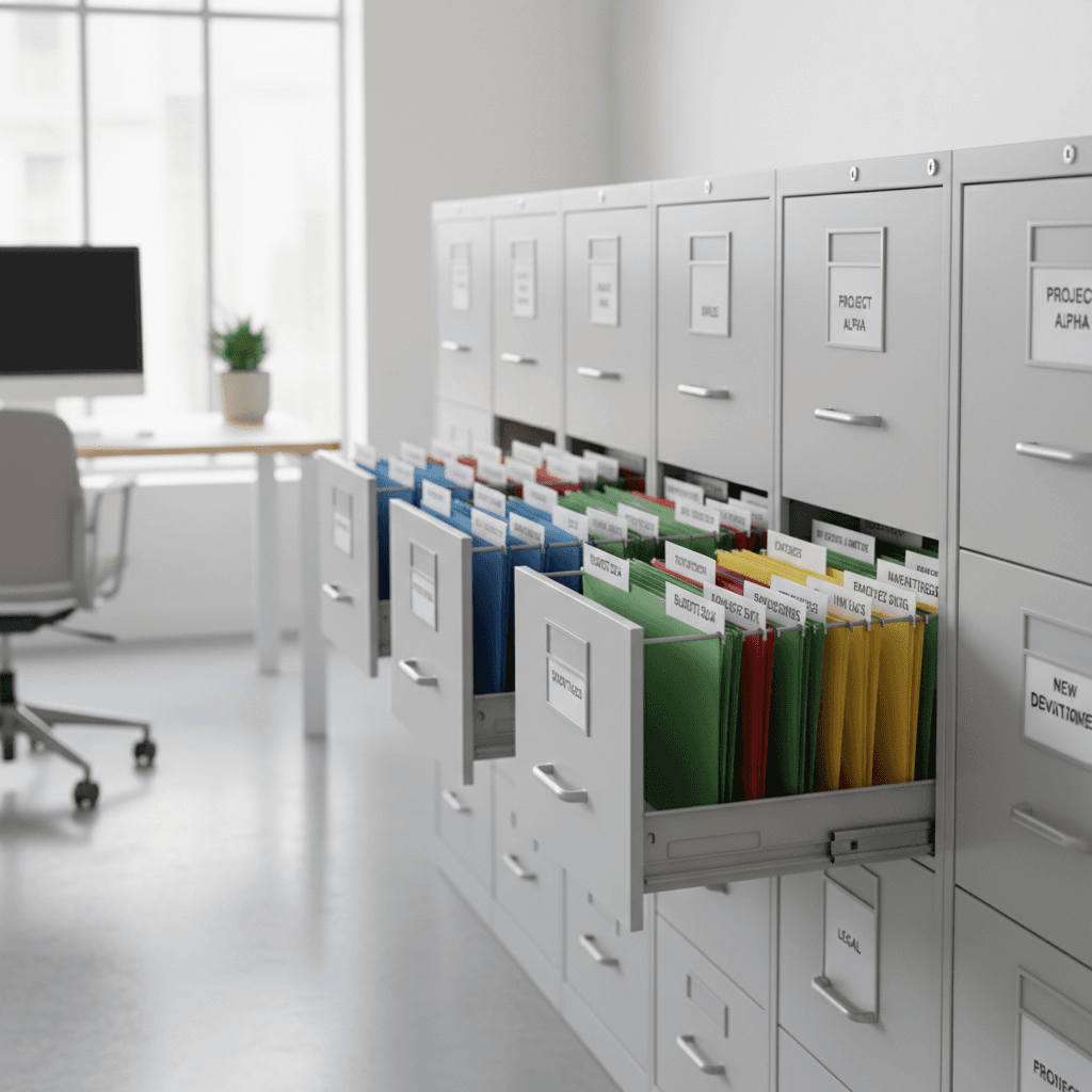 Organized filing system with labeled folders in a clean office