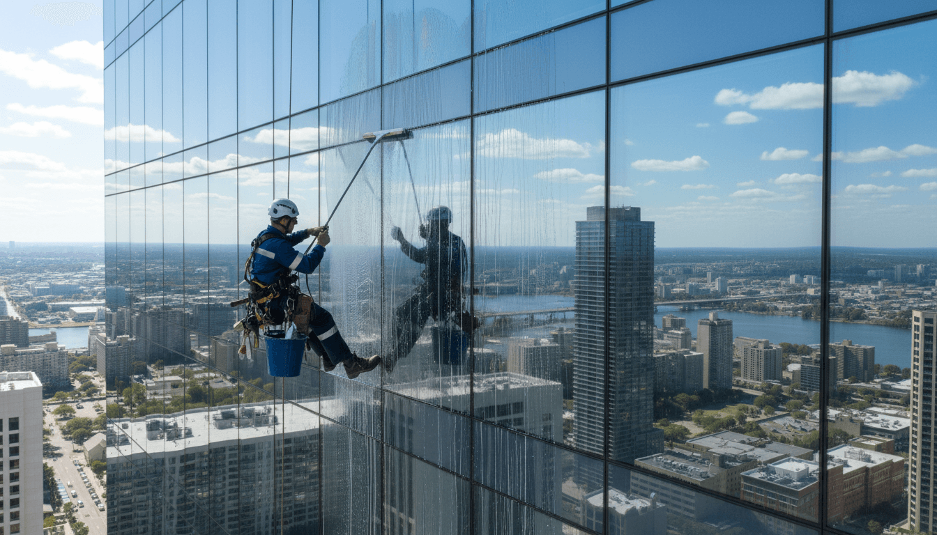 Professional window cleaner working on a commercial building exterior