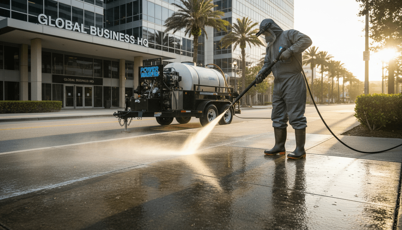 Professional pressure washing a concrete sidewalk in front of a commercial property