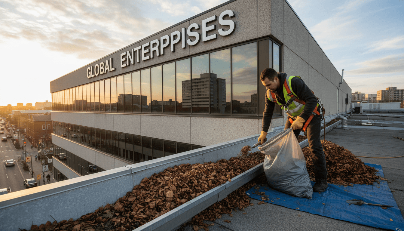 Worker clearing leaves from a commercial building roof gutter