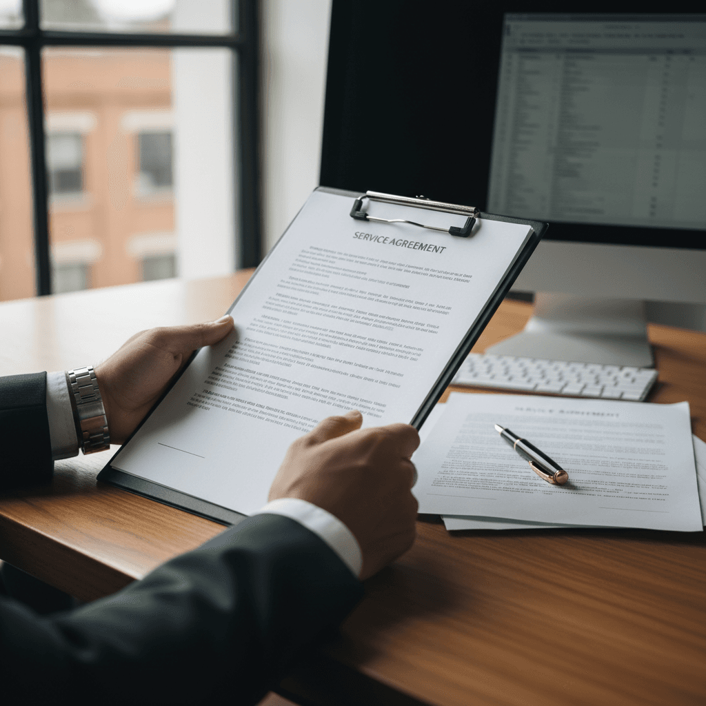 Stack of contract documents and clipboard on an office desk