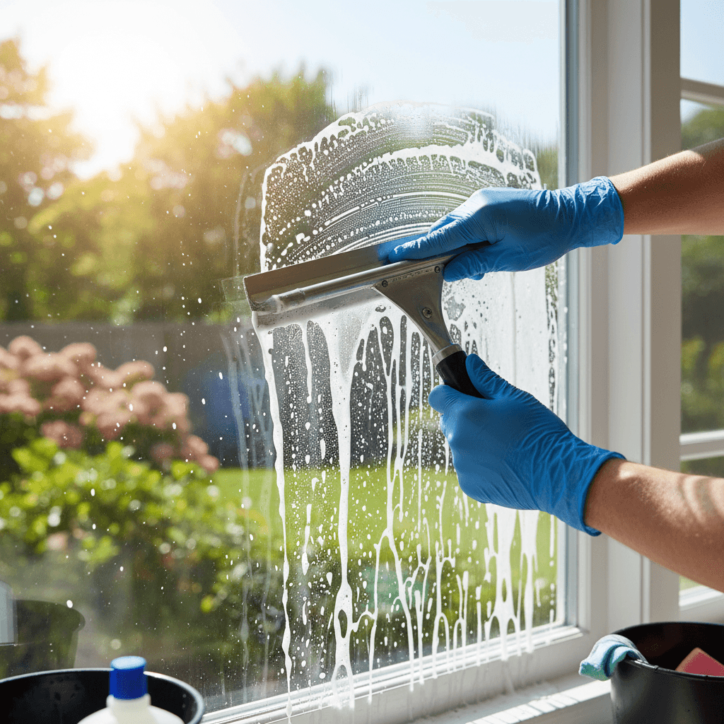 Close-up of a clean commercial storefront door and frame with professional cleaning tools nearby