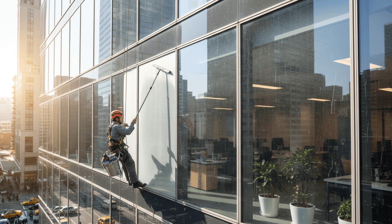 Worker in safety gear cleaning a tall glass storefront with a squeegee on a commercial street