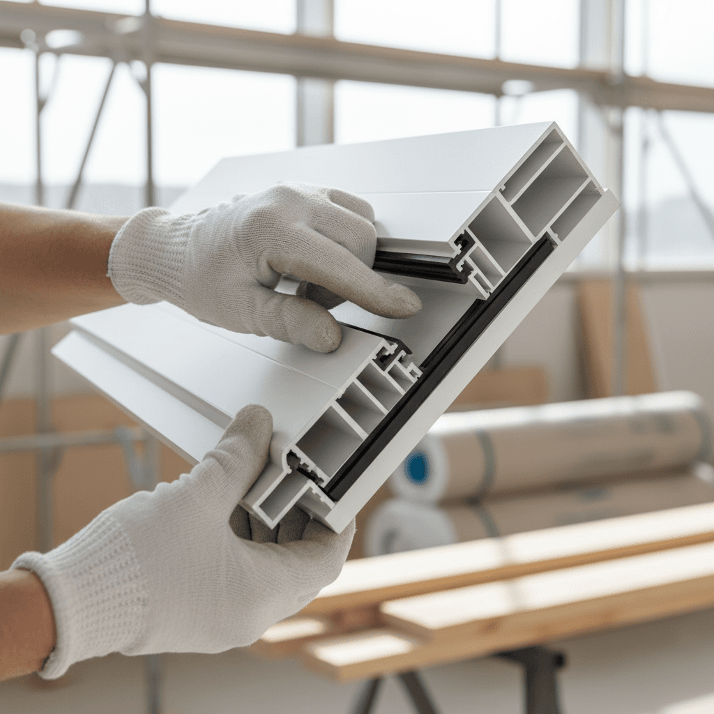 Inspector in work gloves examining the seal and frame of a commercial building window