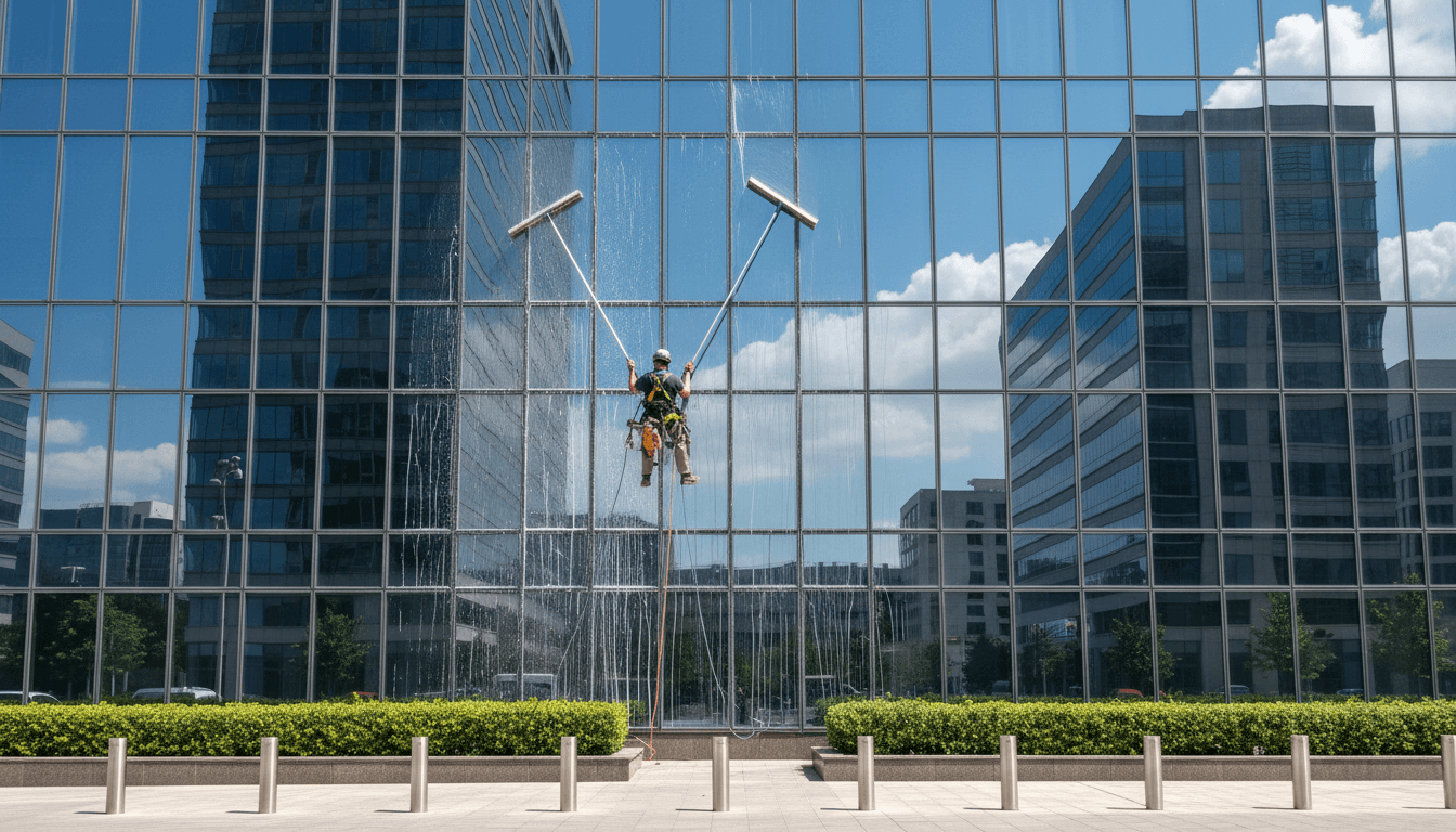 Professional window cleaner working on a commercial building exterior