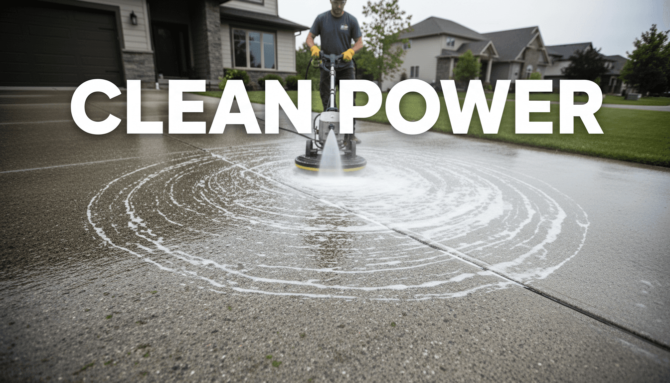 Worker pressure washing a concrete sidewalk in front of a commercial building exterior