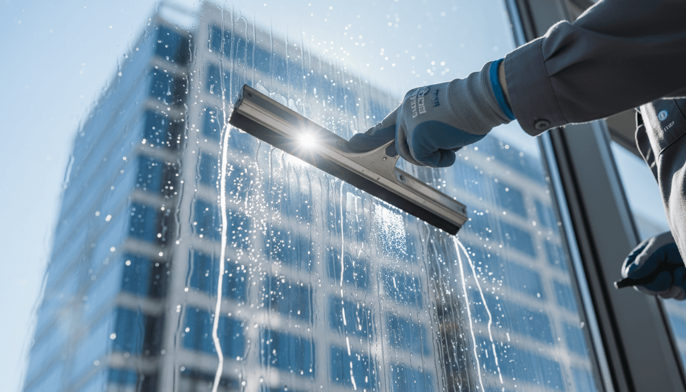 Window cleaner working on a large commercial storefront window in Philadelphia